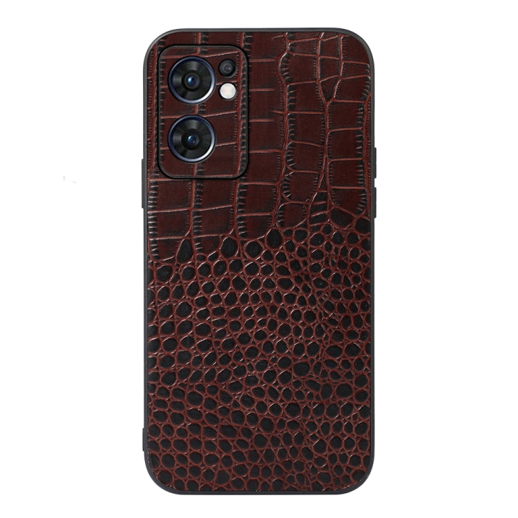Coffee brown crocodile-texture genuine leather phone case with camera cutouts