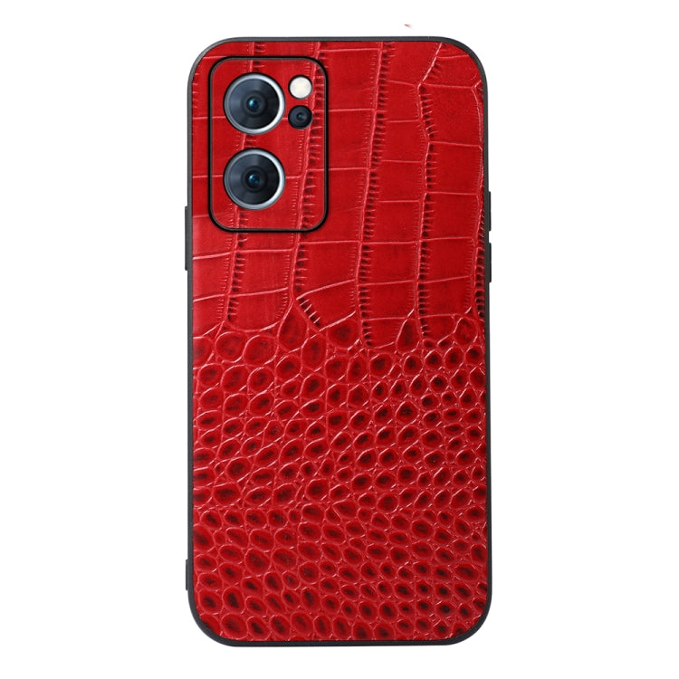 Red croc-texture genuine leather phone case, camera area and side cutouts visible