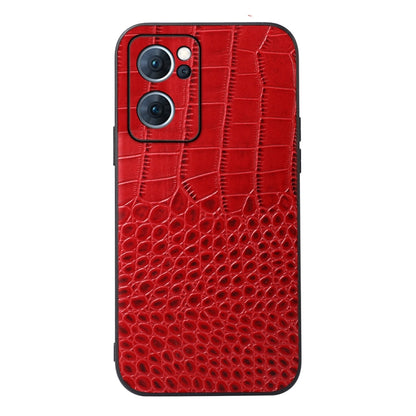 Red croc-texture genuine leather phone case, camera area and side cutouts visible