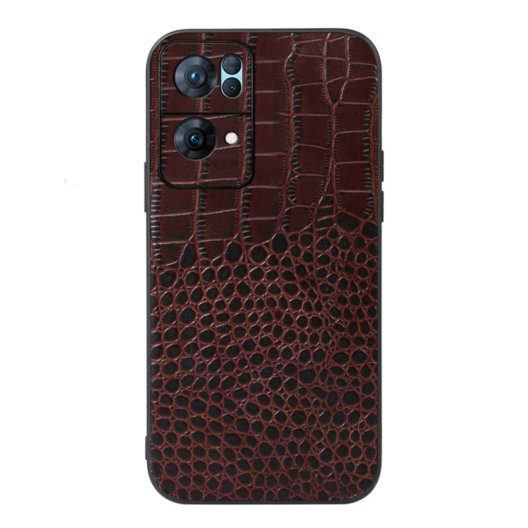 Brown crocodile-pattern genuine leather phone case with triple-camera cutout