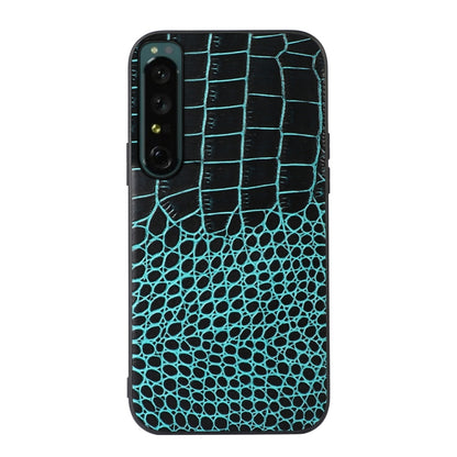 Cyan blue genuine leather phone case with crocodile texture and camera cutouts
