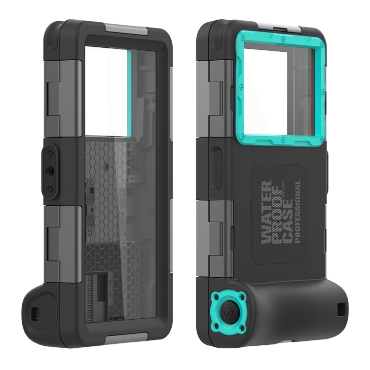 Black waterproof phone case with teal-blue frame and protected screen window, rugged design