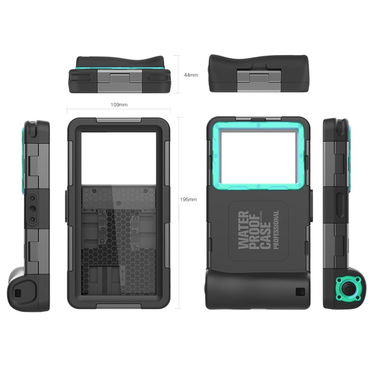 Rugged black waterproof phone case with teal-blue bezel, side buttons and strap