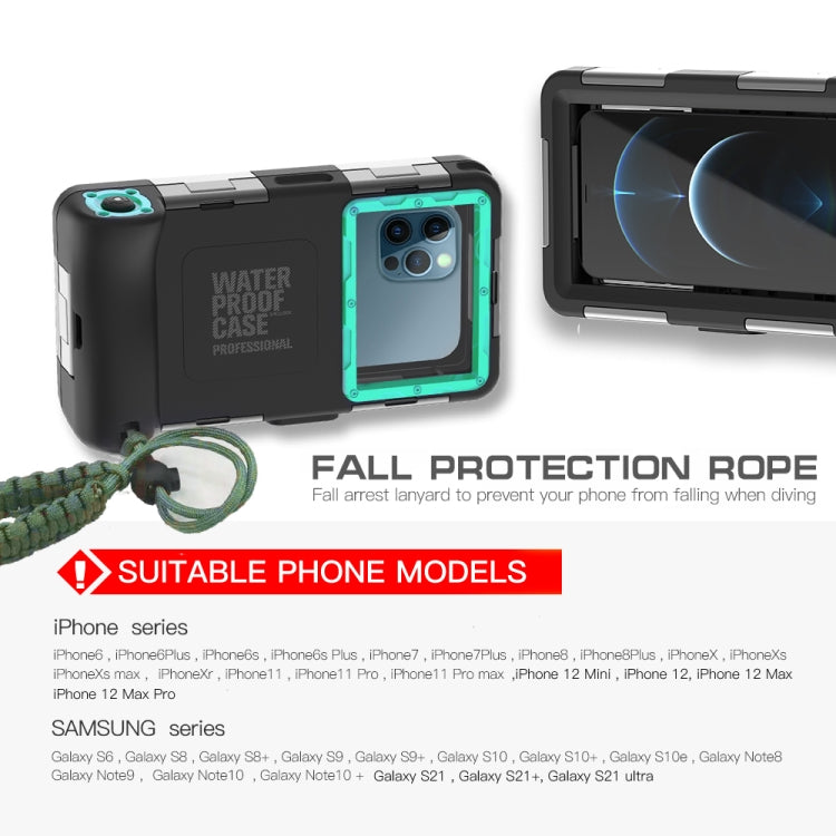 Black waterproof phone case with teal bezel, camera opening, lanyard and fall-protection rope