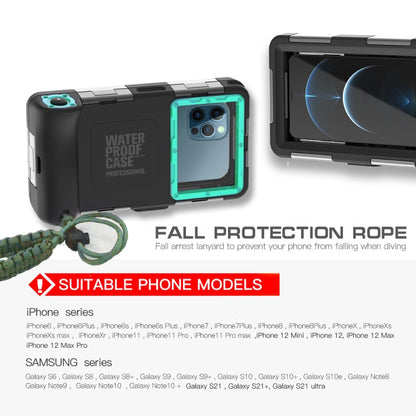 Black waterproof phone case with teal bezel, camera opening, lanyard and fall-protection rope