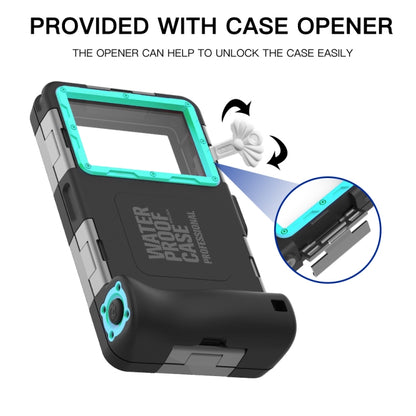Black waterproof phone case with teal bezel, shown with included case opener tool