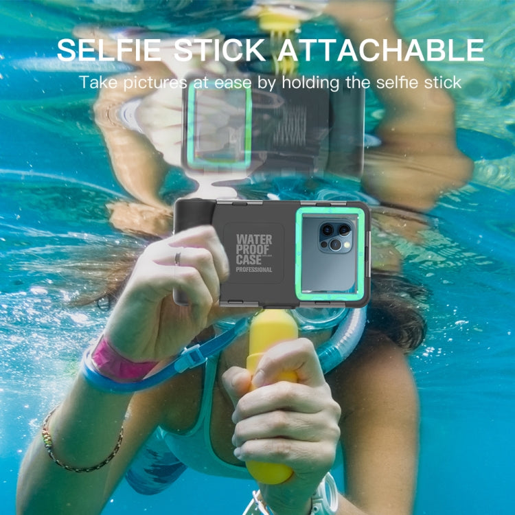 Waterproof phone case with teal bezel attached to a selfie stick