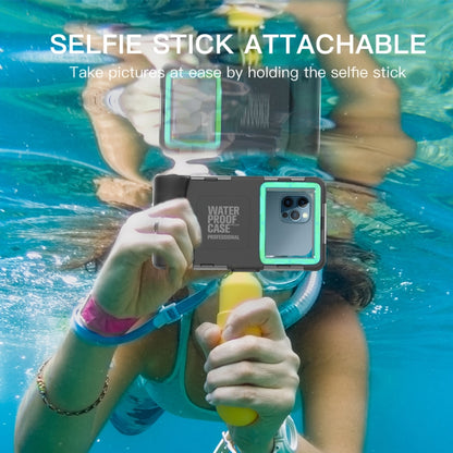 Waterproof phone case with teal bezel attached to a selfie stick