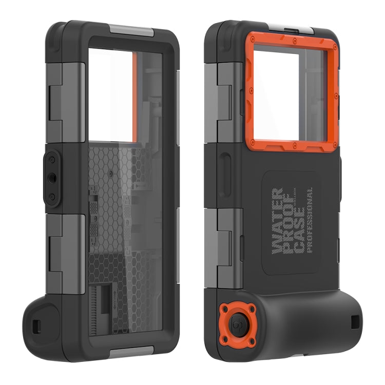 Black waterproof phone case with orange frame and protected screen window, rugged design