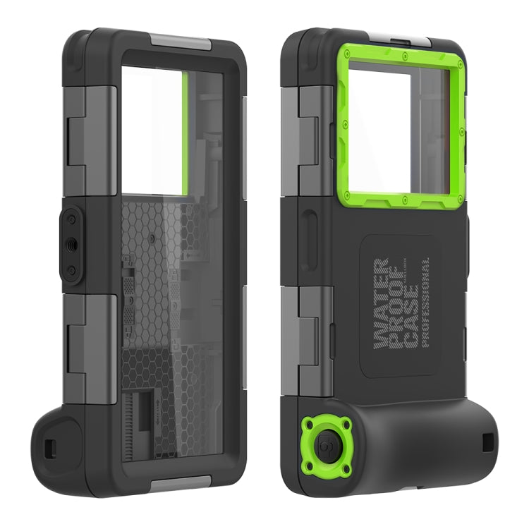 Black waterproof phone case with green frame and protected screen window, rugged design