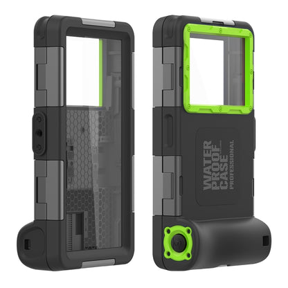 Black waterproof phone case with green frame and protected screen window, rugged design