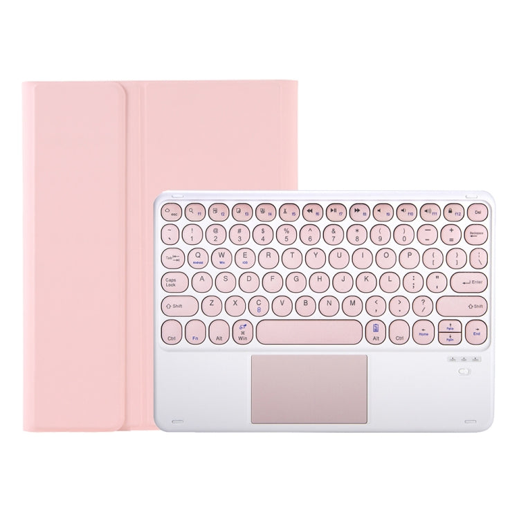 Pink keyboard case with round keys and touchpad, front view