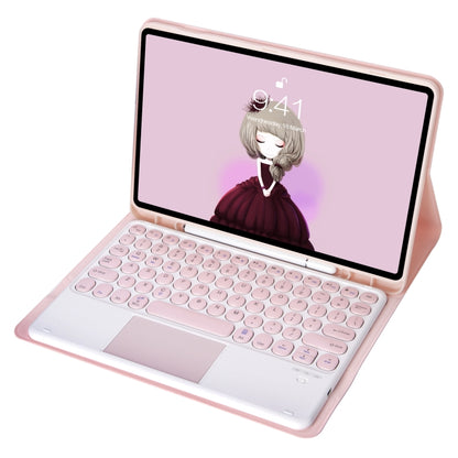 Pink round-keycap Bluetooth keyboard case for tablet, angled view