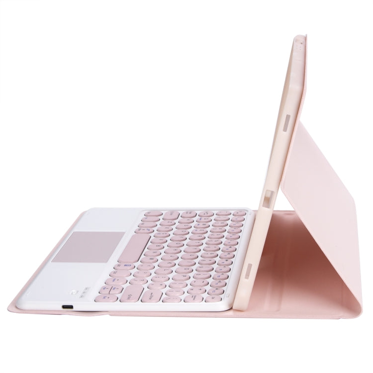 Pink foldable tablet keyboard case with touchpad, side open view
