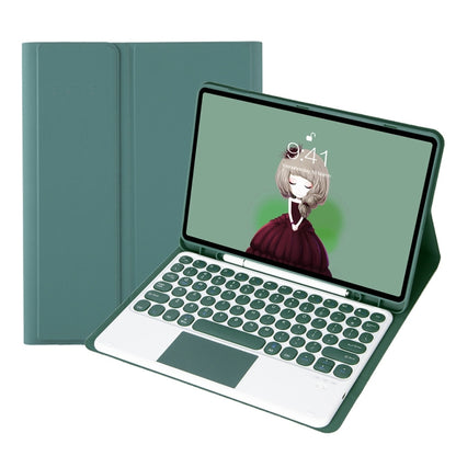 Dark green leather keyboard case with touchpad, open view showing round keycaps.