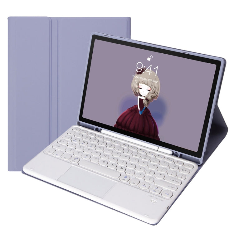 Purple leather keyboard case with touchpad, open view showing round keycaps.