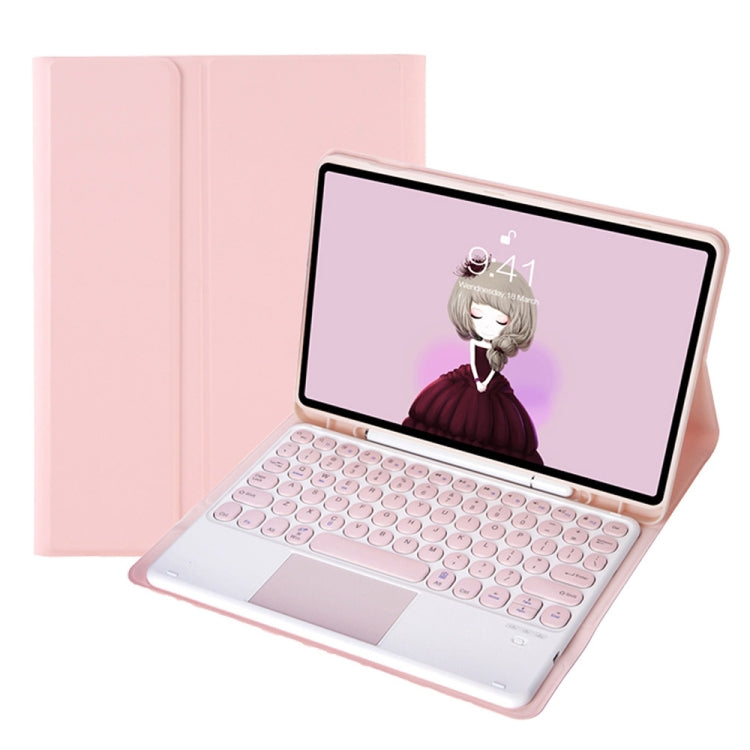 Pink leather keyboard case with touchpad, open front cover and tablet keyboard shown.