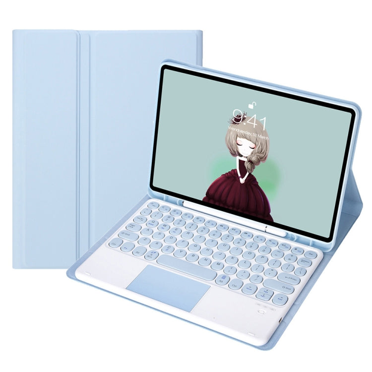 Light blue leather keyboard case with touchpad, open tablet with round keycaps.
