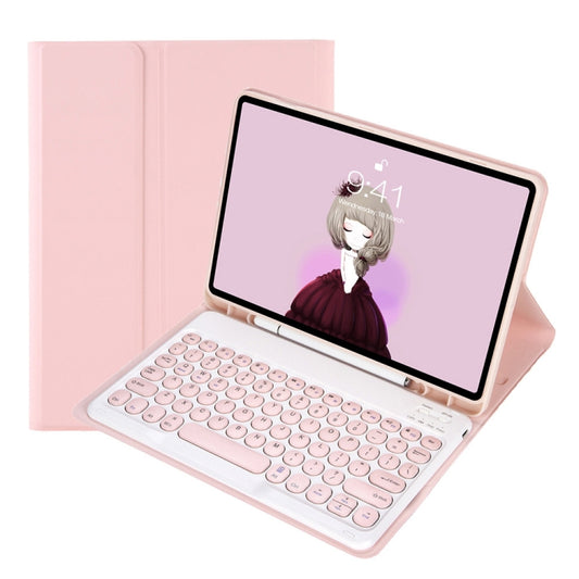Pink Bluetooth keyboard case with round keycaps and tablet screen stand, open view