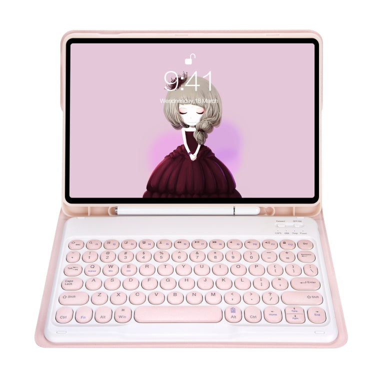 Pink Bluetooth keyboard case with round keycaps and tablet in landscape stand view