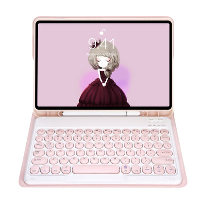Pink Bluetooth keyboard case with round keycaps and tablet in landscape stand view