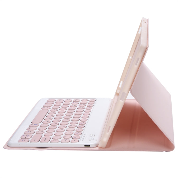 Pink folding Bluetooth keyboard case, side view with keyboard and kickstand open