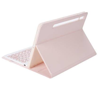 Pink Bluetooth keyboard case with keyboard visible and tablet stand folded back