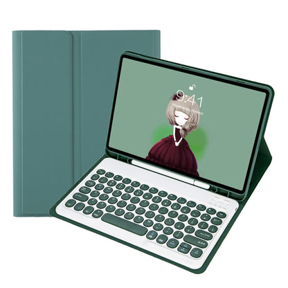 Dark green Bluetooth keyboard case with round keycaps and tablet propped on stand
