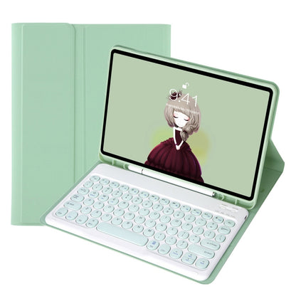 Light green Bluetooth keyboard tablet case showing round keycaps and front cover