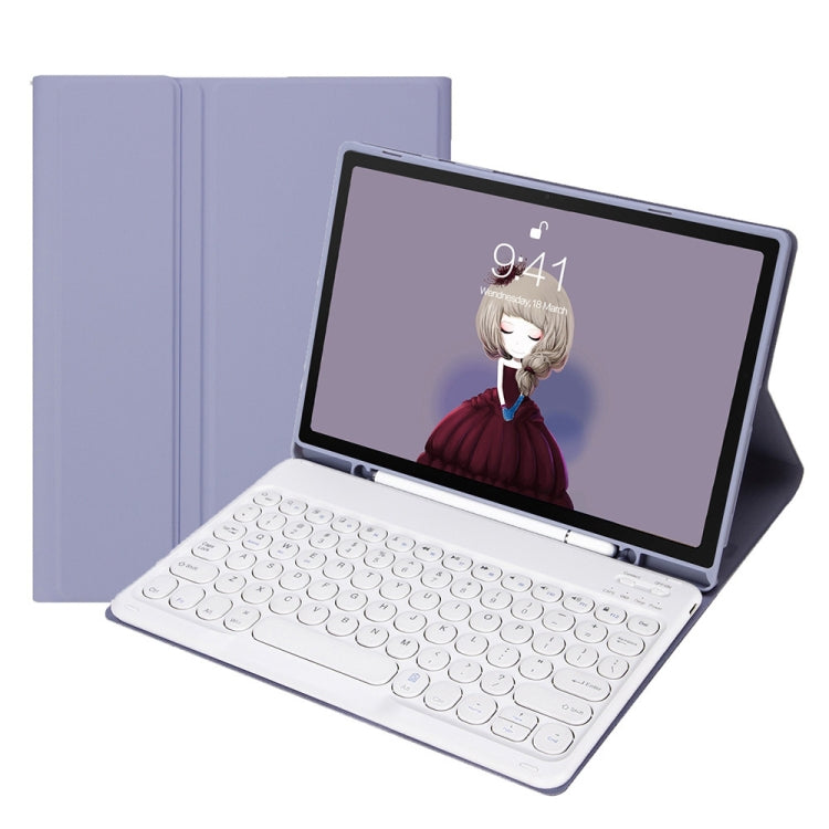 Purple Bluetooth keyboard tablet case showing front keyboard with round keycaps