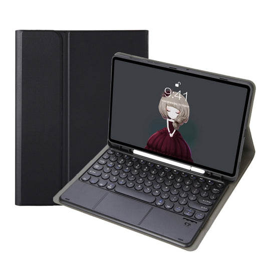 Black Bluetooth keyboard leather case with trackpad, opened and propped up for typing