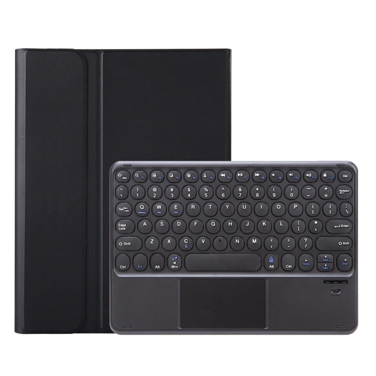 Black Bluetooth keyboard leather case with round keycaps and built-in touchpad, open view