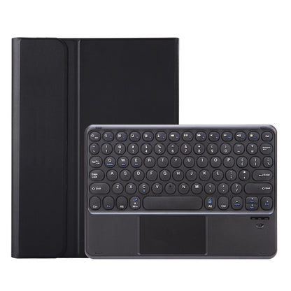 Black Bluetooth keyboard leather case with round keycaps and built-in touchpad, open view