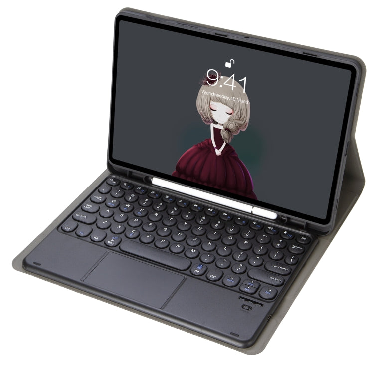 Black Bluetooth keyboard leather case with round keycaps and trackpad, front open