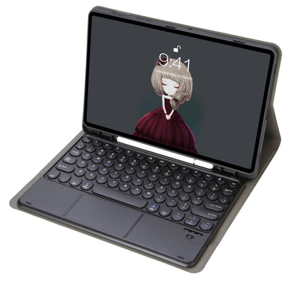 Black Bluetooth keyboard leather case with round keycaps and trackpad, front open