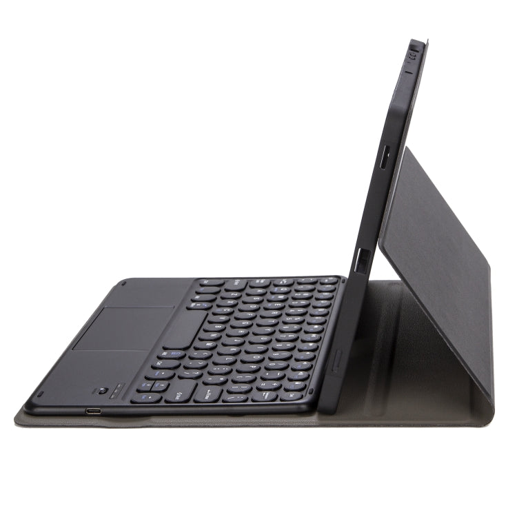 Black Bluetooth keyboard leather case with hinge stand and keyboard deck, side view