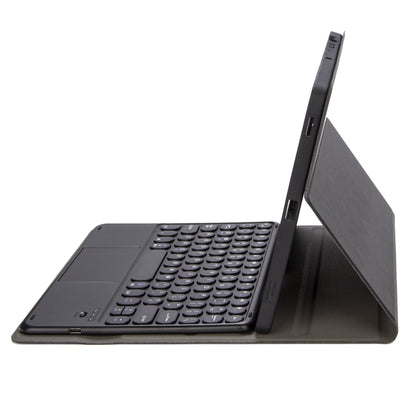 Black Bluetooth keyboard leather case with hinge stand and keyboard deck, side view