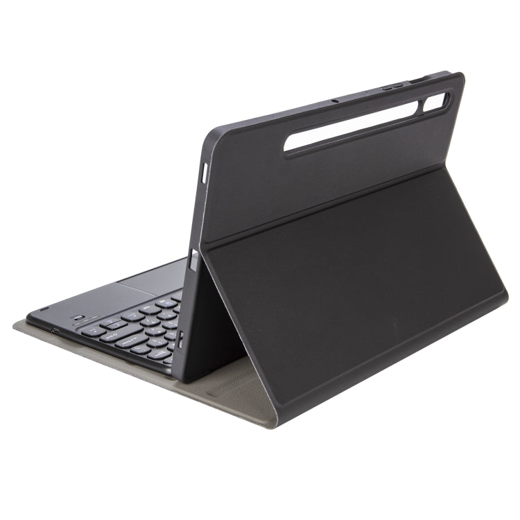 Black Bluetooth keyboard leather case with touchpad, tablet propped in portrait stand