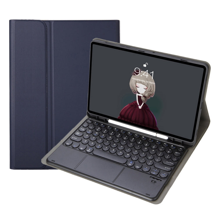 Navy leather folio case opened, showing Bluetooth keyboard with touchpad