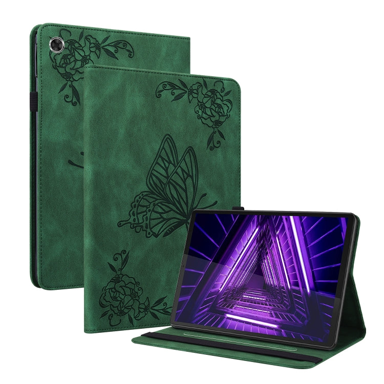 Green embossed leather-style tablet case with butterfly and floral pattern, front cover