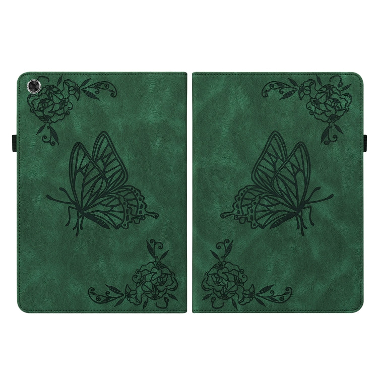 Green folio tablet case with large butterfly and flower embossing, closed front