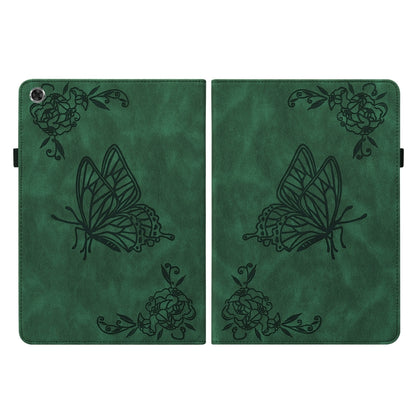 Green folio tablet case with large butterfly and flower embossing, closed front