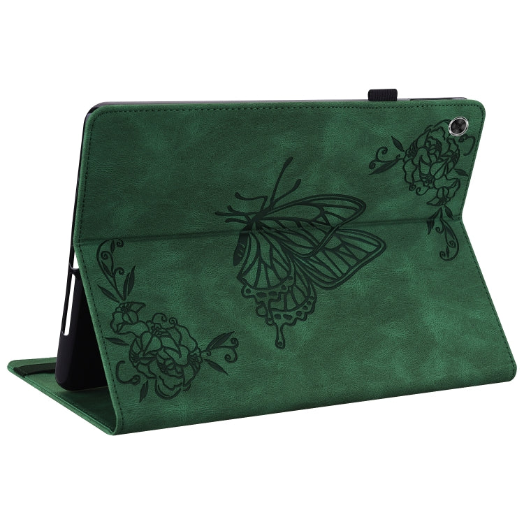 Green folio tablet case with butterfly and floral embossing, angled stand