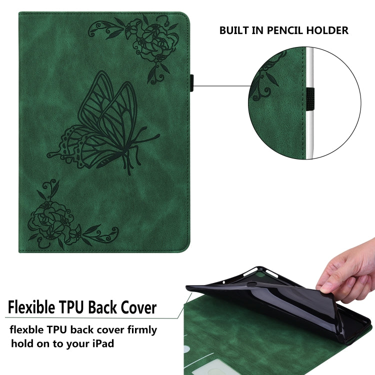 Green folio tablet case with butterfly embossing, built-in pencil holder and flexible back