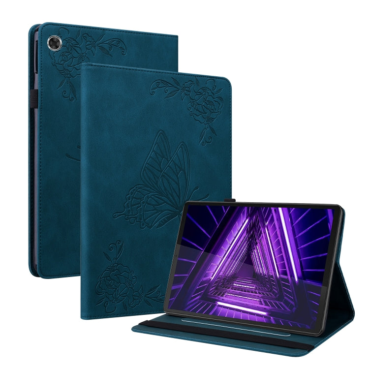 Blue embossed leather tablet case with butterfly-flower design and rear camera cutout