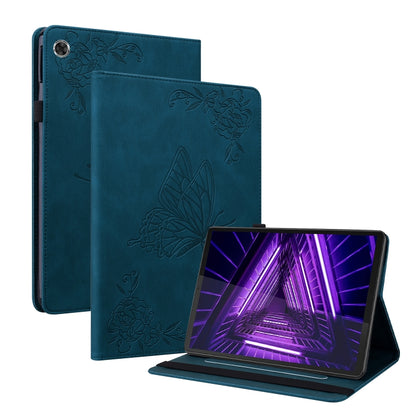 Blue embossed leather tablet case with butterfly-flower design and rear camera cutout