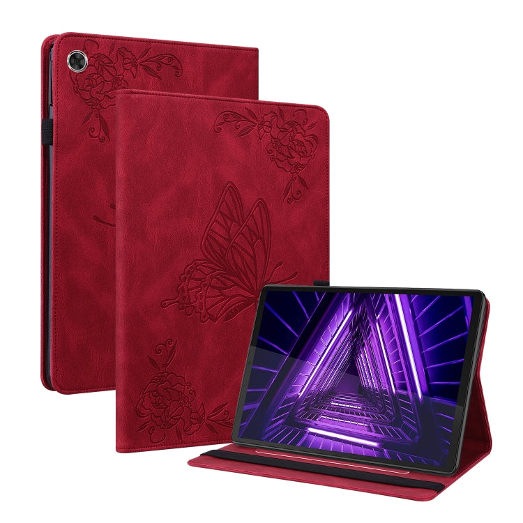Red embossed leather tablet case with butterfly-flower design and rear camera cutout