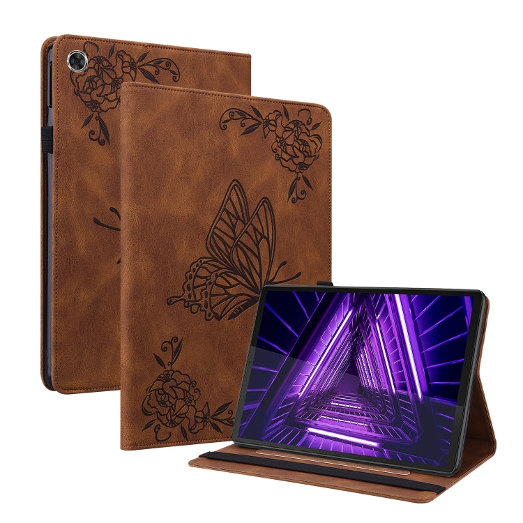 Brown embossed leather tablet case with butterfly and flower design, folio stand