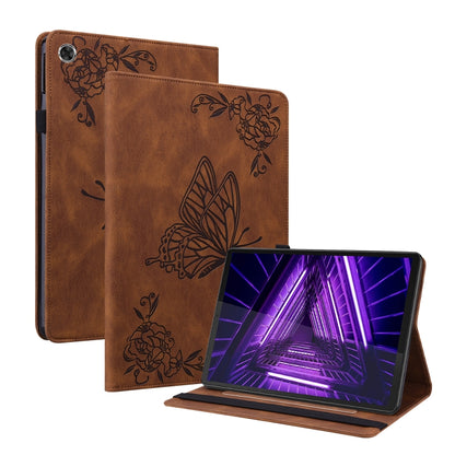 Brown embossed leather tablet case with butterfly and flower design, folio stand