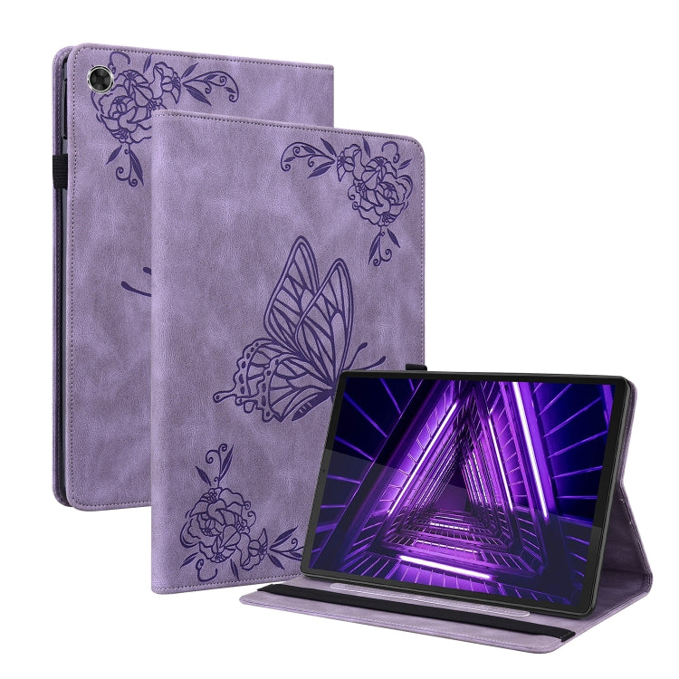 Purple embossed leather tablet case with butterfly and flower design, folio stand